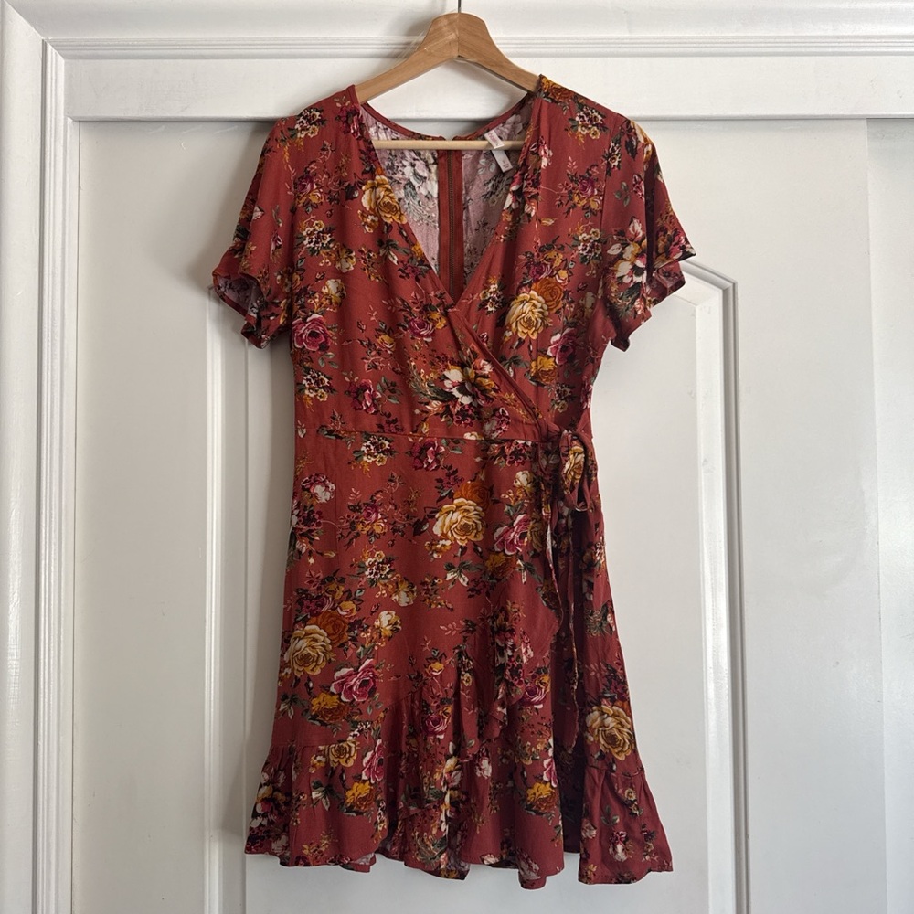 Xhilaration Rust Floral Wrap Mini Dress - Picture 8 of 9